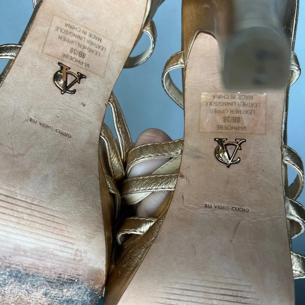 Vince Camino VC Signature Metallic Gold Strappy‎ Heels Toe Ankle Strap Sz 8 / 38